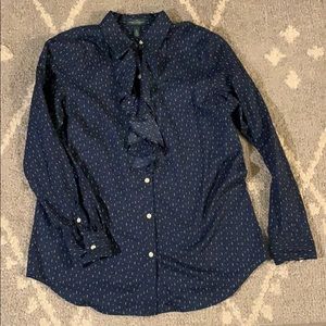 RALPH LAUREN blue ruffle button down shirt